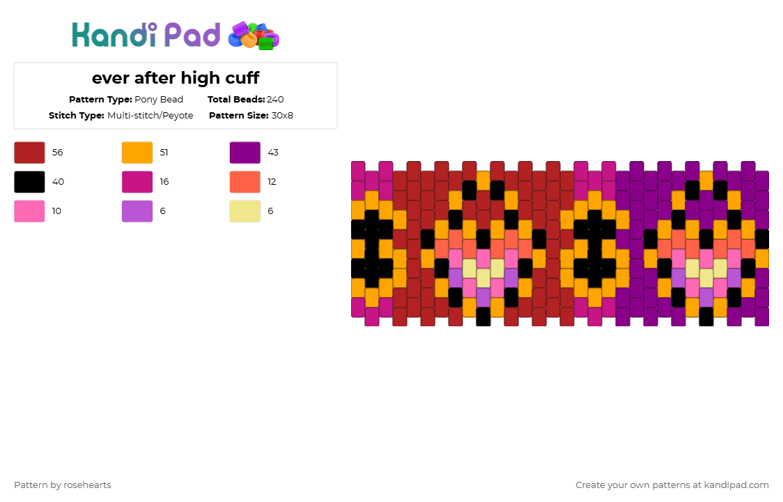 ever after high cuff - Pony Bead Pattern by rosehearts on Kandi Pad - orange,red,pink