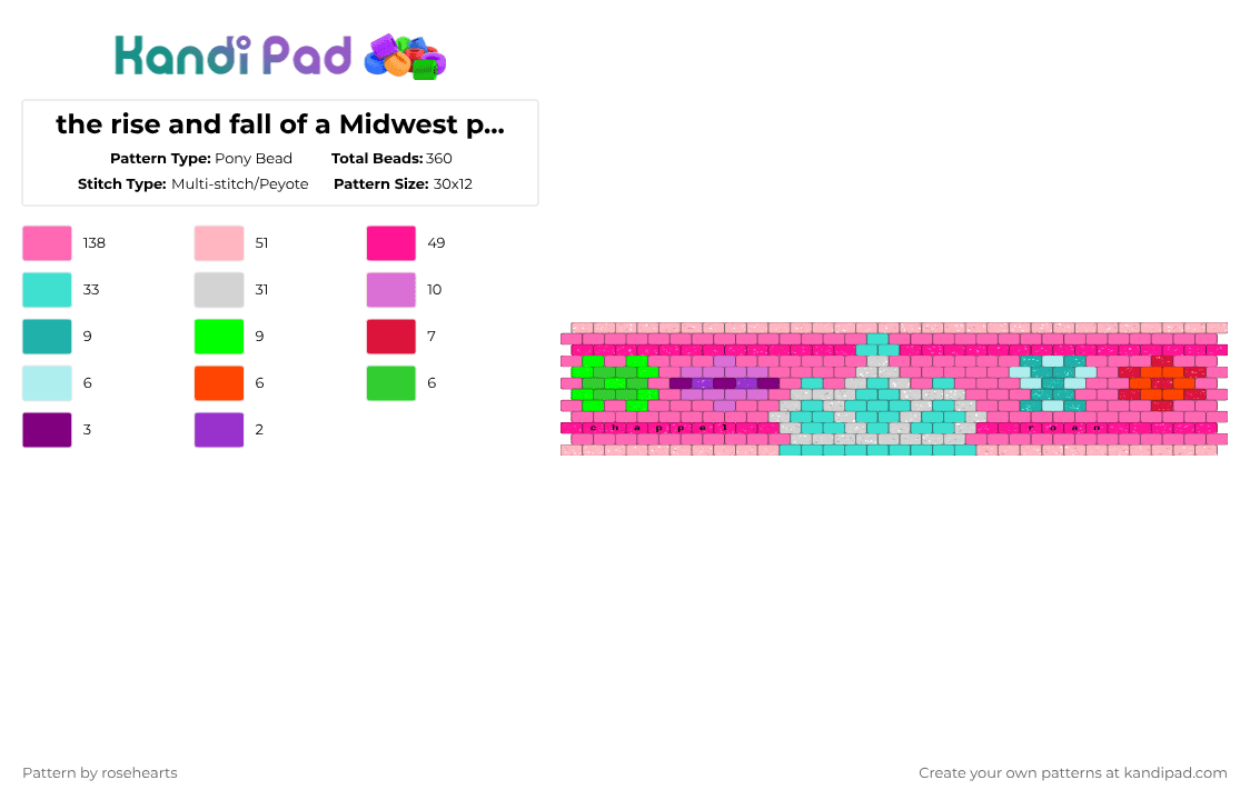 the rise and fall of a Midwest princess cuff - Pony Bead Pattern by rosehearts on Kandi Pad - pink,chapel roan,rafoamp