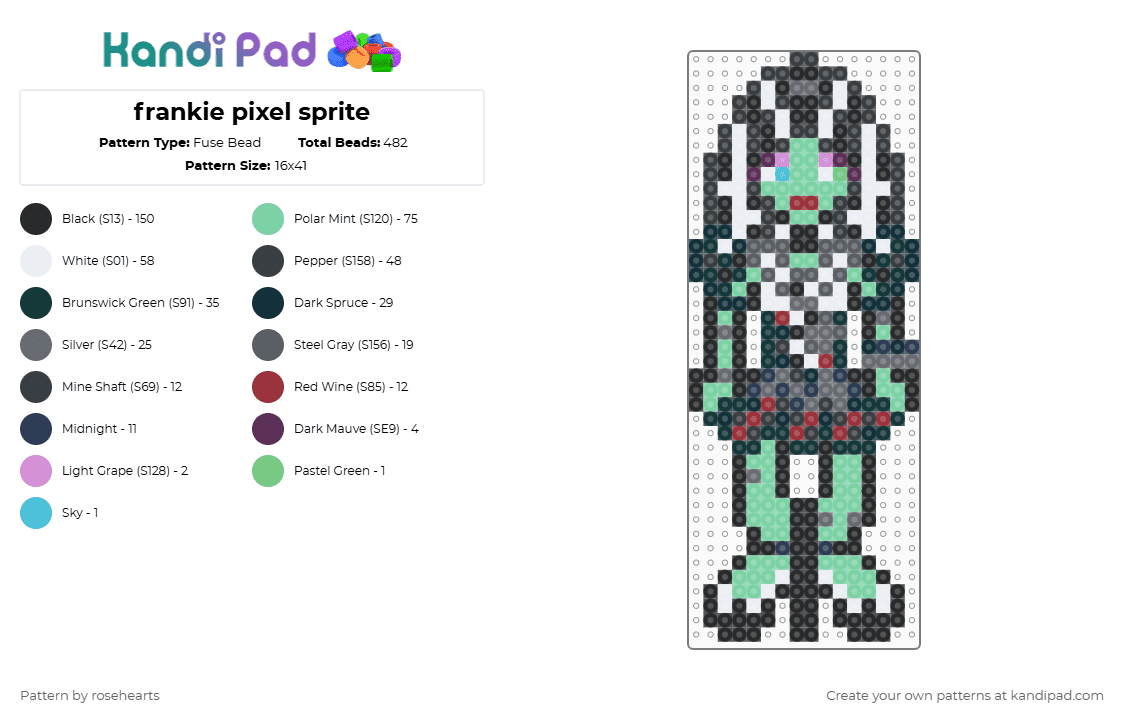 frankie pixel sprite - Fuse Bead Pattern by rosehearts on Kandi Pad - black,gray,teal,monster high,frankie stain
