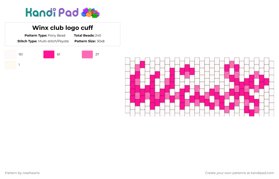 Winx club logo cuff - Pony Bead Pattern by rosehearts on Kandi Pad - white,pink,winx club