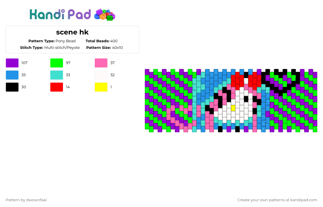 scene hk - Pony Bead Pattern by dwownfaal on Kandi Pad - hello kitty,scene,purple,green,light blue