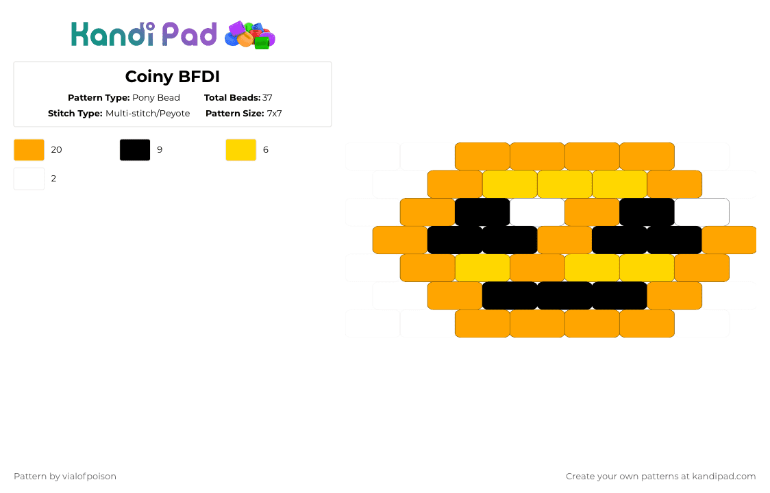 Coiny BFDI - Pony Bead Pattern by vialofpoison on Kandi Pad - orange,coiny,bfdi,tpot,bfdia,osc,battle for dream island