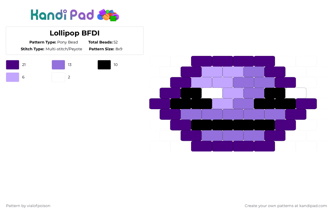 Lollipop BFDI - Pony Bead Pattern by vialofpoison on Kandi Pad - purple,bfdi,bfb,battle for dream island,osc,lollipop