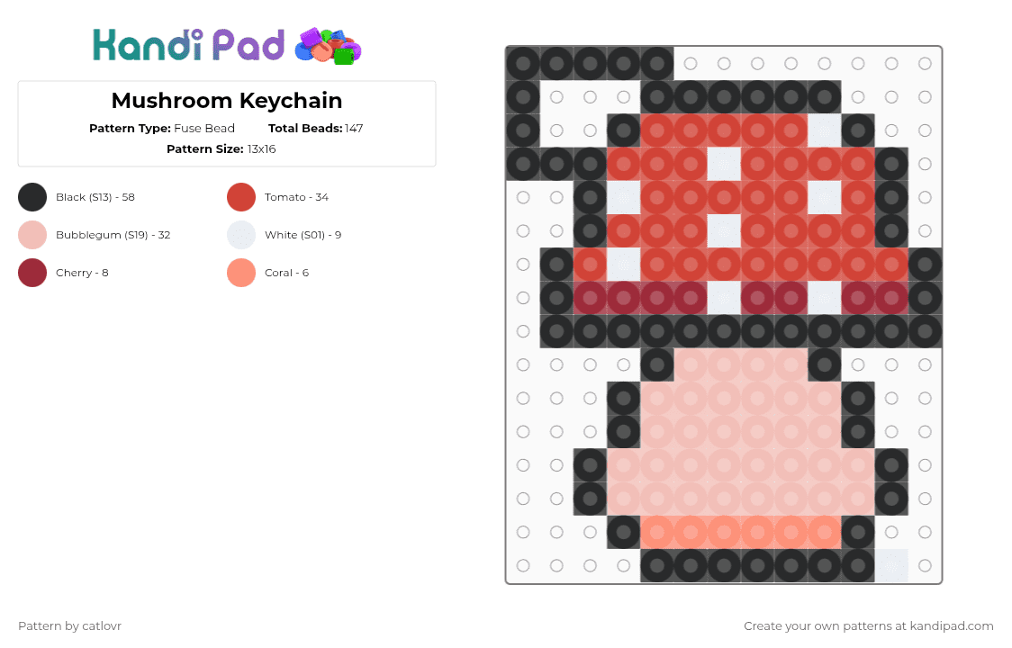 Mushroom Keychain - Fuse Bead Pattern by catlovr on Kandi Pad - red,beige