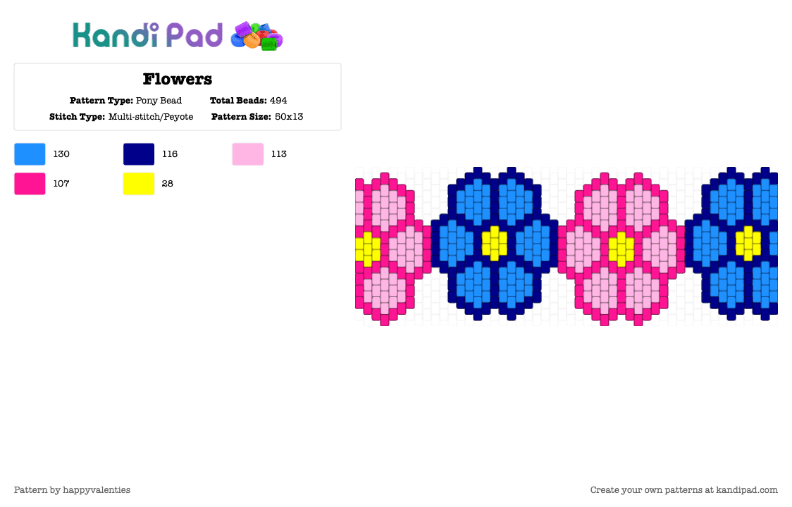 Flowers - Pony Bead Pattern by happyvalenties on Kandi Pad - light blue,pink