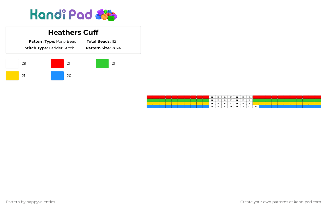 Heathers Cuff - Pony Bead Pattern by happyvalenties on Kandi Pad - red,green,yellow,light blue,heathers,theatre,theater