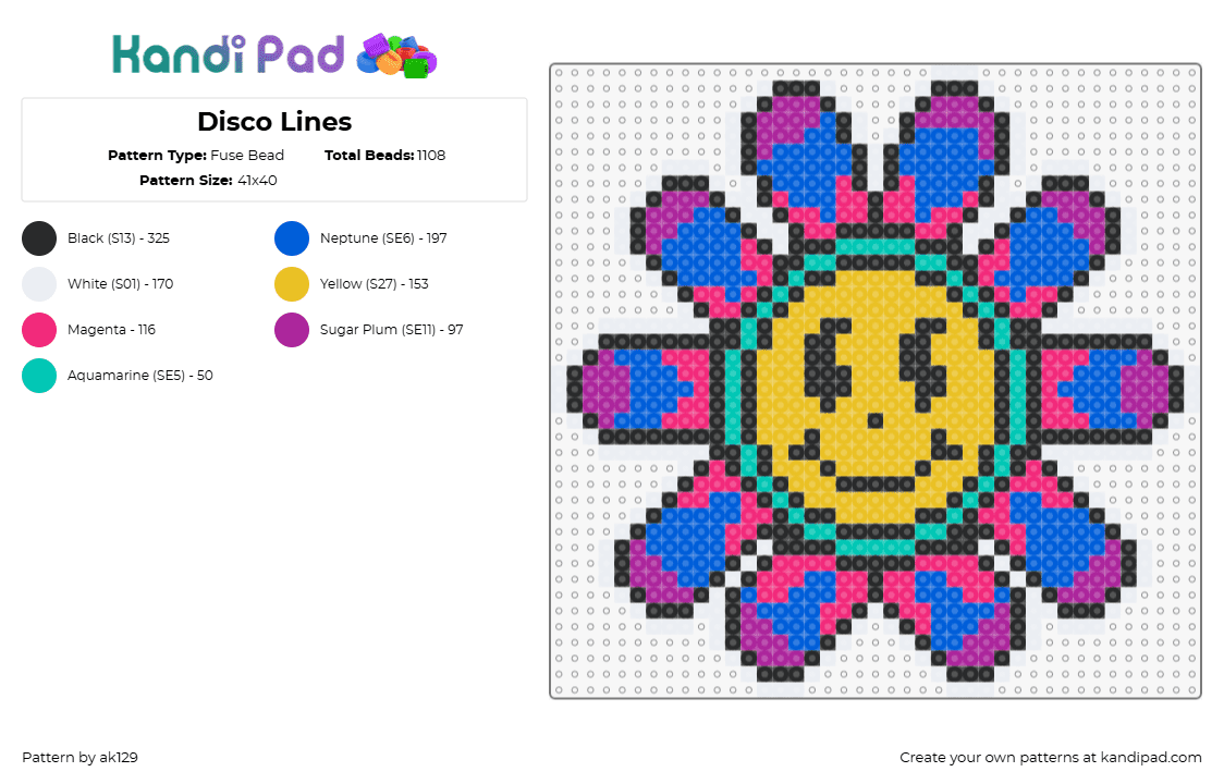 Disco Lines - Fuse Bead Pattern by ak129 on Kandi Pad - disco lines,flower,trippy,dj,edm,music,smiley,colorful,psychedelic,yellow,purple,pink,blue