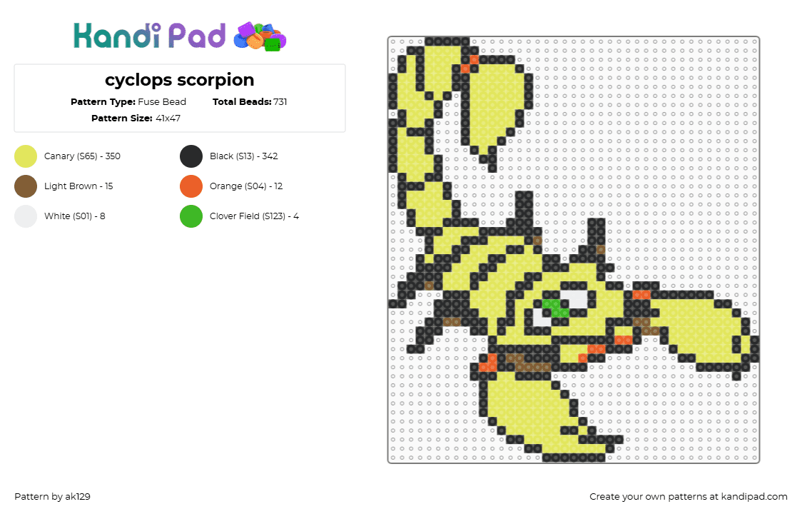 cyclops scorpion - Fuse Bead Pattern by ak129 on Kandi Pad - scorpion,cyclops,subtronics,arachnid,dj,yellow