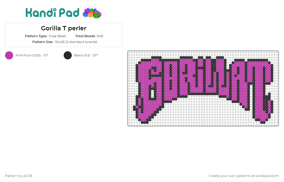 Gorilla T perler - Fuse Bead Pattern by ak129 on Kandi Pad - gorilla t,dj,logo,edm,music,purple,pink
