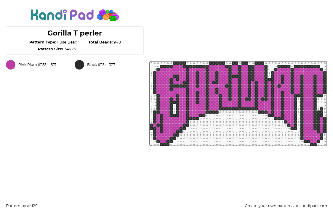 Gorilla T perler - Fuse Bead Pattern by ak129 on Kandi Pad - gorilla t,dj,logo,edm,music,purple,pink