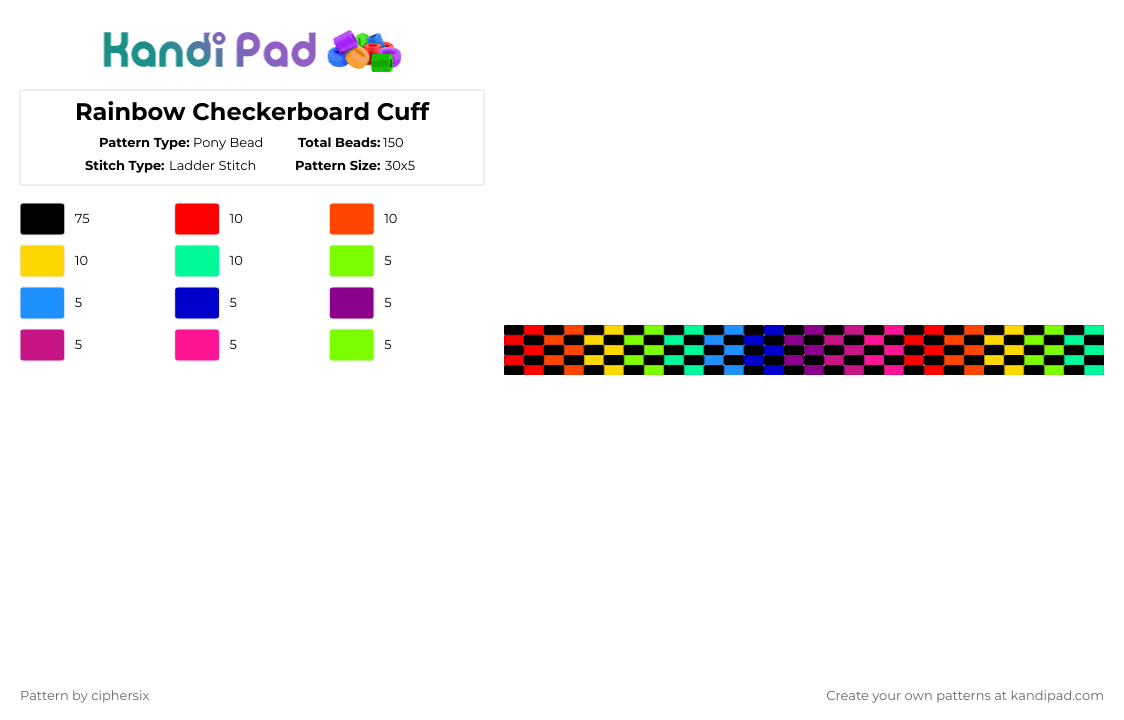 Rainbow Checkerboard Cuff - Pony Bead Pattern by ciphersix on Kandi Pad - black,red,green,pink,colorful