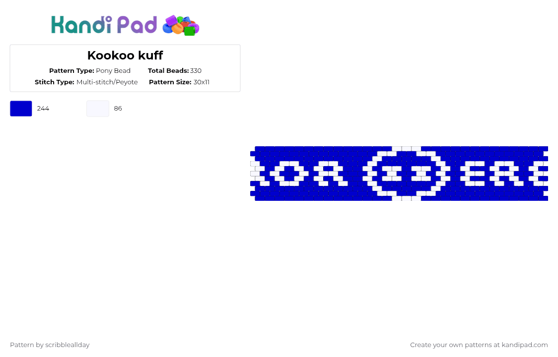 Kookoo kuff - Pony Bead Pattern by scribbleallday on Kandi Pad - purple,white,grace