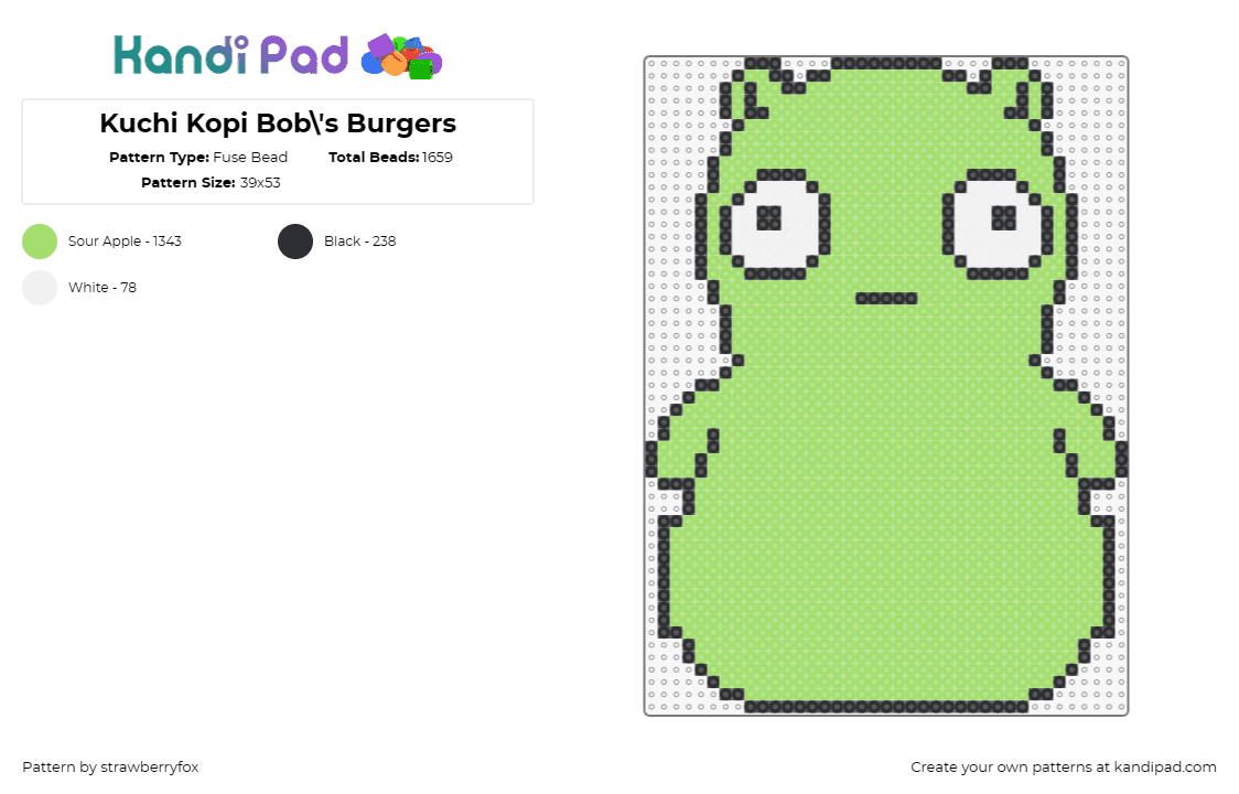 Kuchi Kopi Bob\'s Burgers - Fuse Bead Pattern by strawberryfox on Kandi Pad - kuchi kopi,bobs burgers,animated,beloved character,vibrant,green,light green,whi