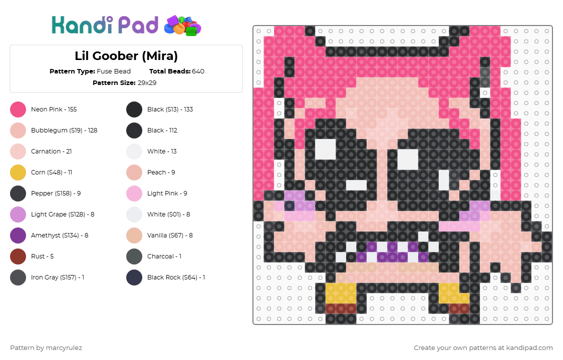 Lil Goober (Mira) - Fuse Bead Pattern by marcyrulez on Kandi Pad - pink,beige,kpopdemonhunters,kdm,kpdm,goober