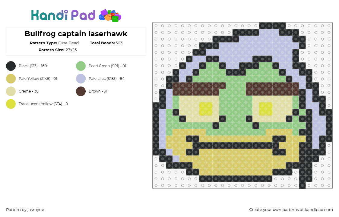 Bullfrog captain laserhawk - Fuse Bead Pattern by jasmyne on Kandi Pad - captain laserhawk,bullfrog,frog,quirky,character,green