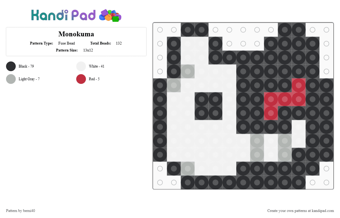 Monokuma - Fuse Bead Pattern by berni40 on Kandi Pad - black,white,beige,red