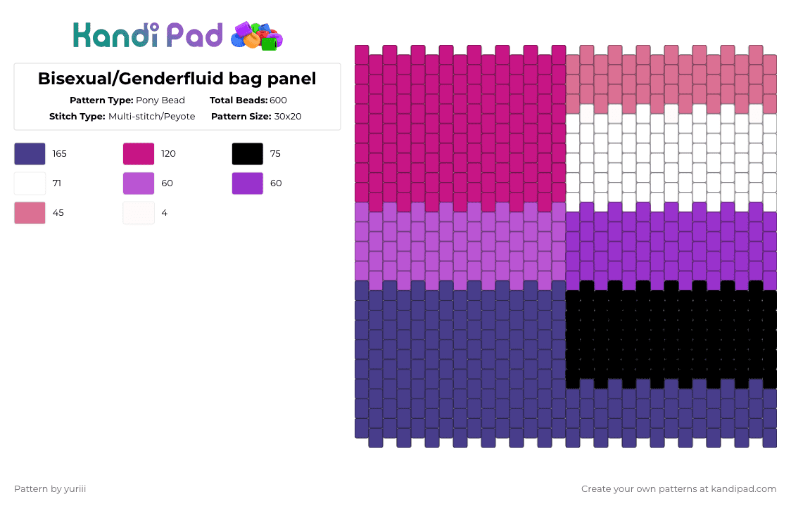 Bisexual/Genderfluid bag panel - Pony Bead Pattern by yuriii on Kandi Pad - pink,purple