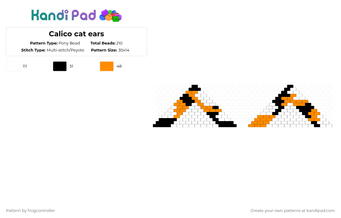 Calico cat ears - Pony Bead Pattern by frogcontroller on Kandi Pad - white,orange,cat,ears,calico,brown,kemonomimi