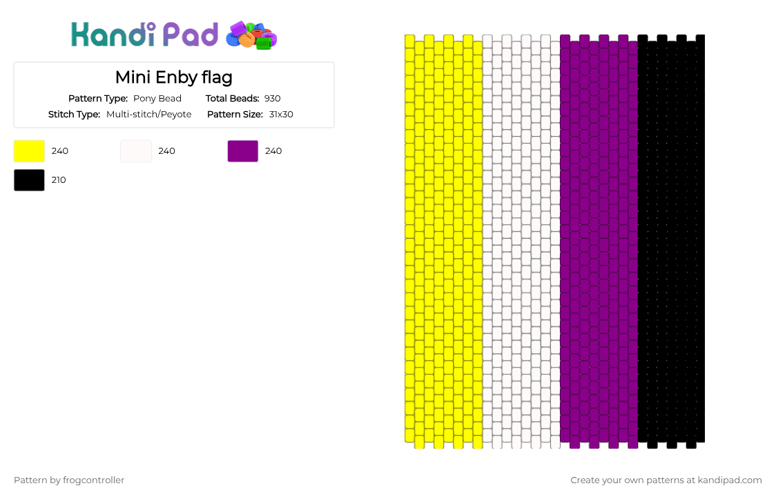 Mini Enby flag - Pony Bead Pattern by frogcontroller on Kandi Pad - flag, lgbtq, mini, nonbinary, pink, queer, small, yellow