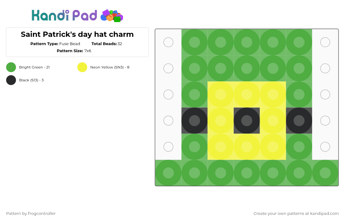 Saint Patrick\'s day hat charm - Fuse Bead Pattern by frogcontroller on Kandi Pad - green,yellow,small,charm,saint patricks day,holiday,cotdstpatricksday2026