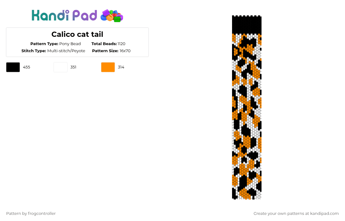 Calico cat tail - Pony Bead Pattern by frogcontroller on Kandi Pad - orange,white,calico,cat,tail,cute,spots,black