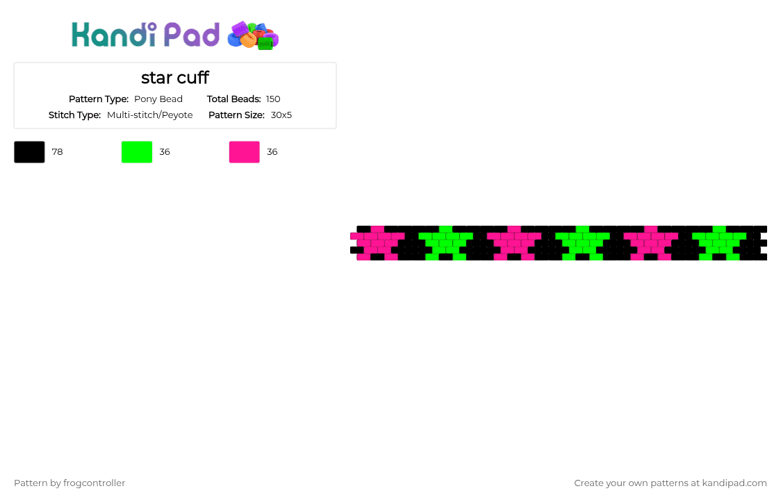star cuff - Pony Bead Pattern by frogcontroller on Kandi Pad - green,pink,scene,cute,star,black,remix