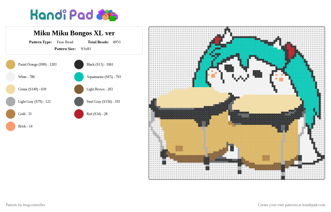 Miku Miku Bongos XL ver - Fuse Bead Pattern by frogcontroller on Kandi Pad - orange,teal,beige,miku,bongo,cute,music,colorful,songs,large