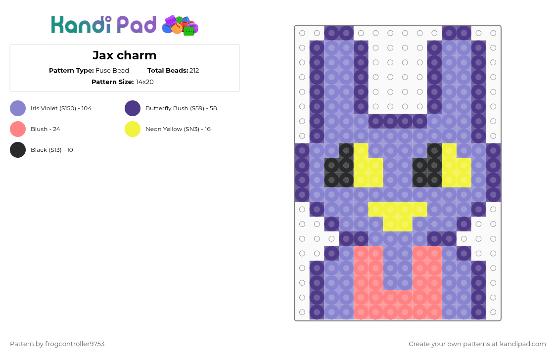 Jax charm - Fuse Bead Pattern by frogcontroller on Kandi Pad - purple,blue,jax,tadc,cartoon