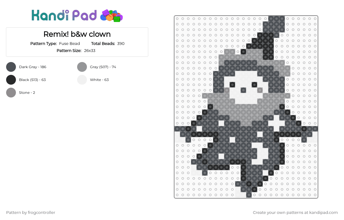 Remix! b&w clown - Fuse Bead Pattern by frogcontroller on Kandi Pad - black, clown, cute, gray, remix, white