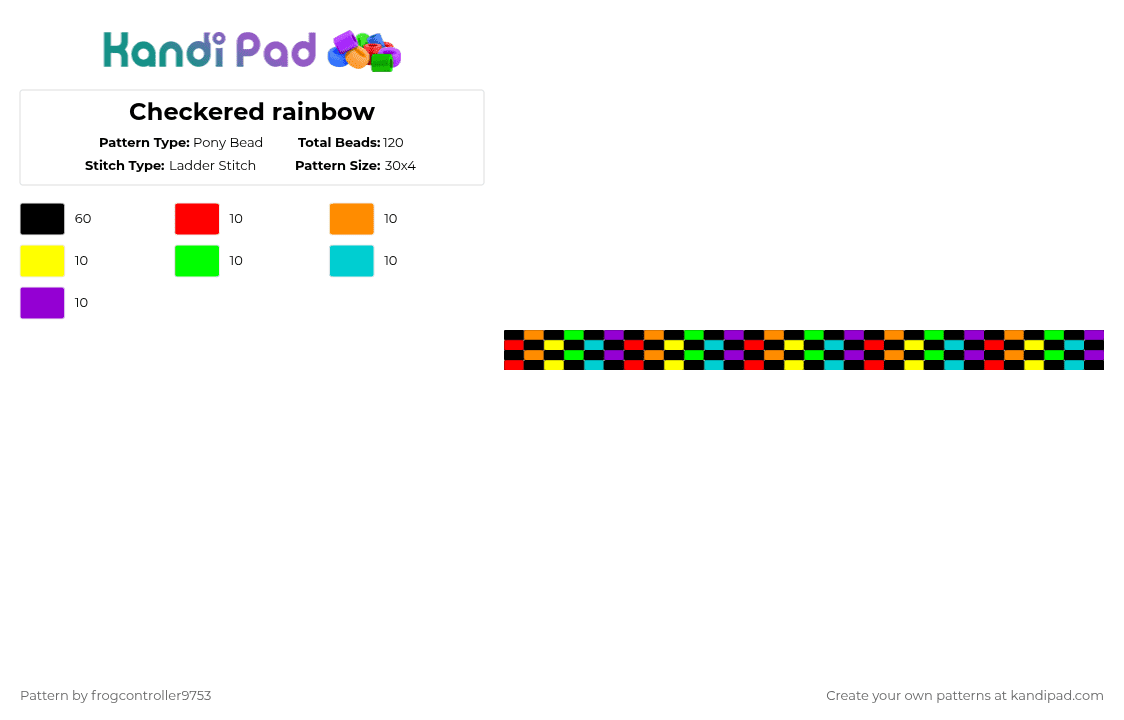 Checkered rainbow - Pony Bead Pattern by frogcontroller on Kandi Pad - black,orange,green,purple,colorful,scenecore,scene,rainbow,ladder,checkered