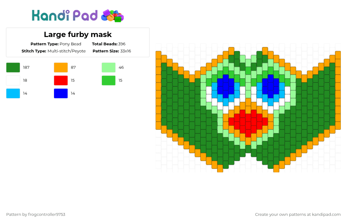 Large furby mask - Pony Bead Pattern by frogcontroller on Kandi Pad - orange,green,furby,mask,furby426