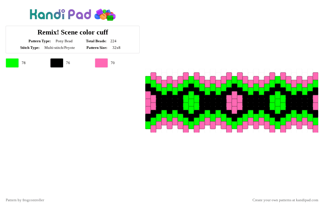 Remix! Scene color cuff - Pony Bead Pattern by frogcontroller on Kandi Pad - pink,green,scenecore,scene,cute,black