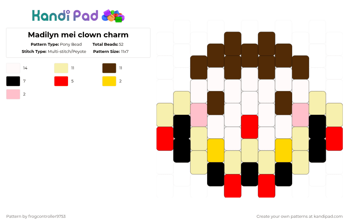 Elio mei clown charm - Pony Bead Pattern by frogcontroller on Kandi Pad - yellow,brown,clown,madilyn,mei,music,charm