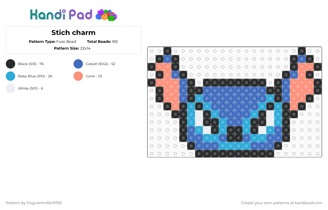Stich charm - Fuse Bead Pattern by frogcontroller on Kandi Pad - blue,stich,cartoon,cute