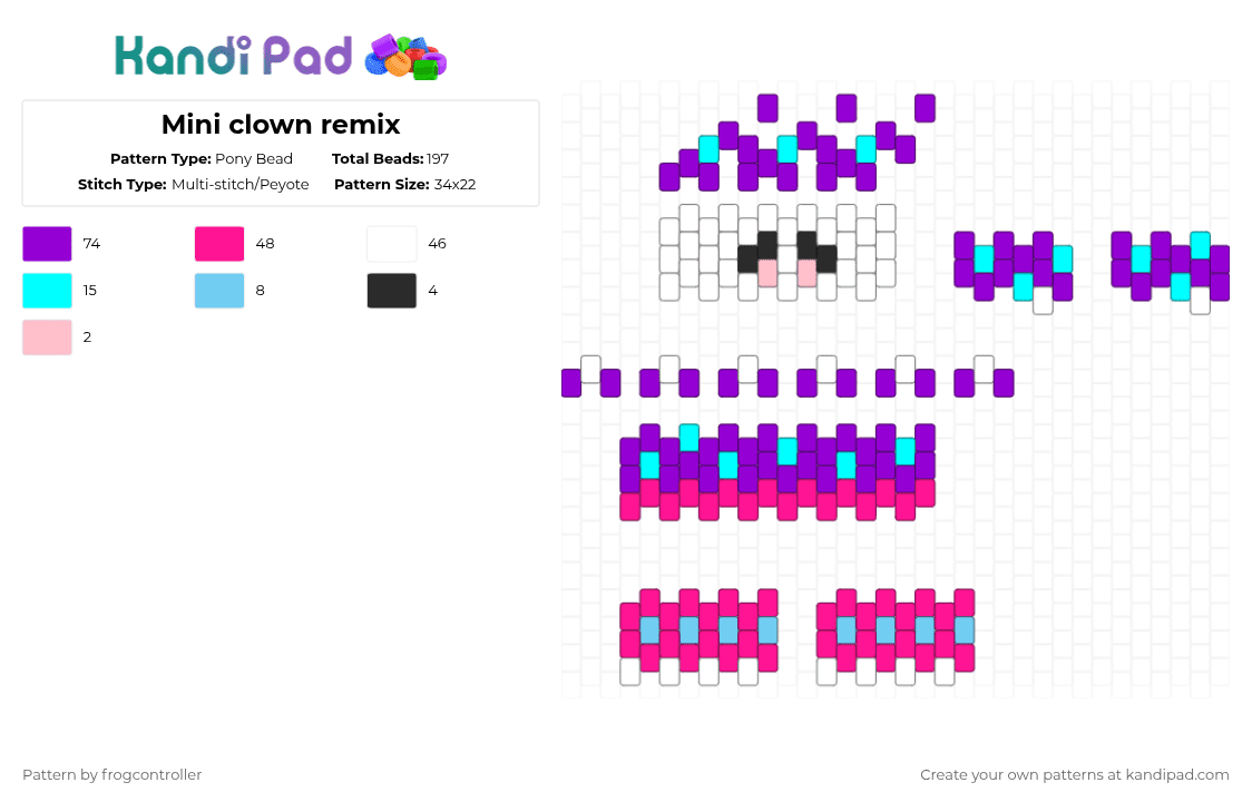 Mini clown remix - Pony Bead Pattern by frogcontroller on Kandi Pad - purple,pink,mini,clown,cute