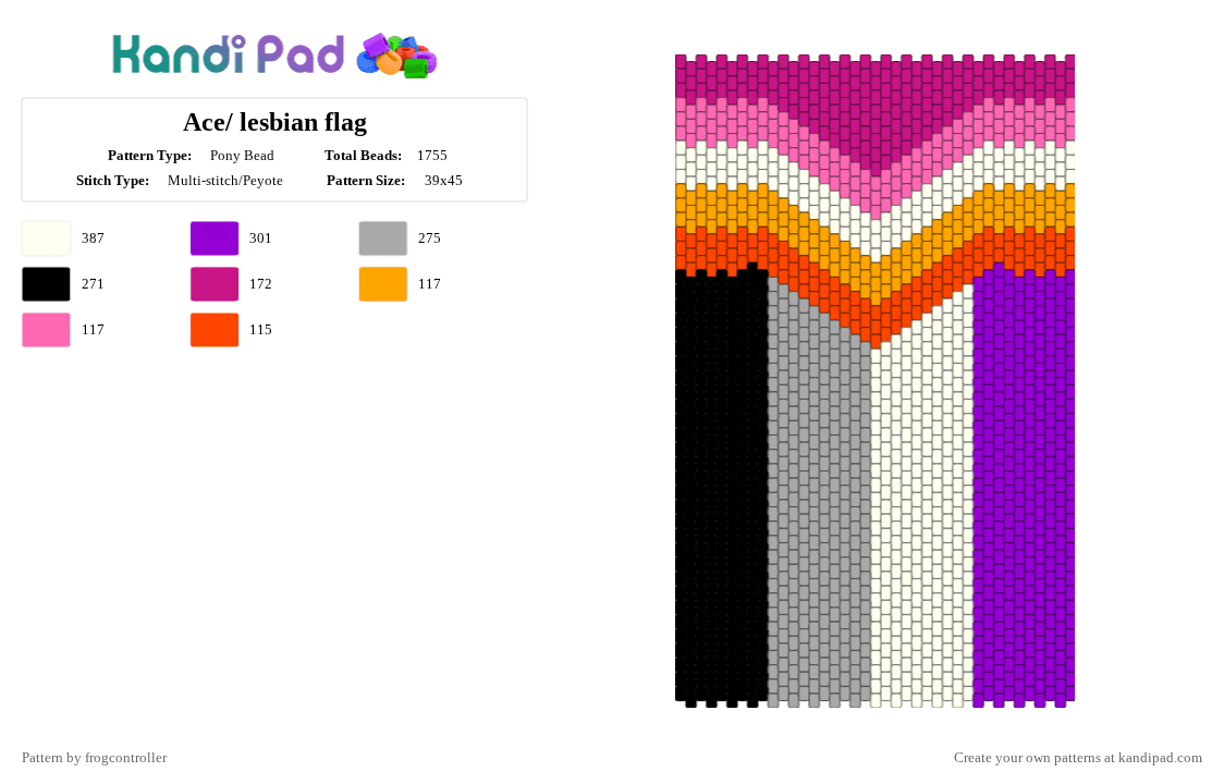 Ace/ lesbian flag - Pony Bead Pattern by frogcontroller on Kandi Pad - ace, banner, beige, flag, lesbian, lgbt, lgbtqia, pink, purple