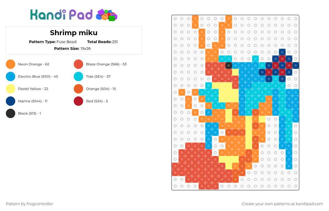 Shrimp miku - Fuse Bead Pattern by frogcontroller on Kandi Pad - light blue,orange,red,shrimp,miku,music,cute,teal
