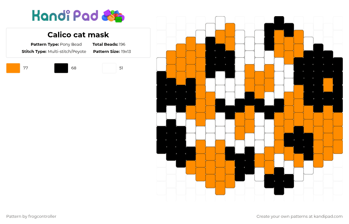 Calico cat mask - Pony Bead Pattern by frogcontroller on Kandi Pad - white,orange,calico,cat,mask,cute,black