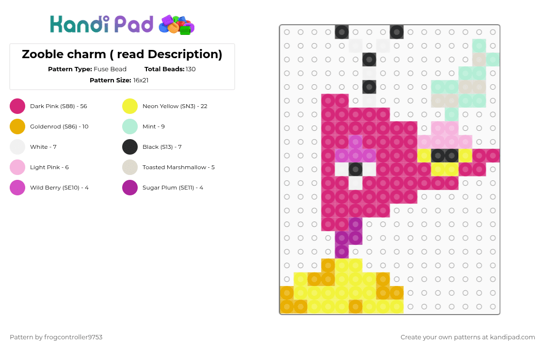Zooble charm ( read Description) - Fuse Bead Pattern by frogcontroller on Kandi Pad - pink,yellow,tadc,zooble,cartoon