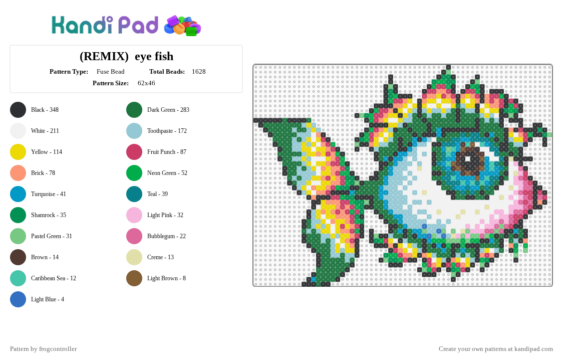 (REMIX)  eye fish - Fuse Bead Pattern by frogcontroller on Kandi Pad - green,pink,yellow,light blue,remix,fish,eye,cute,eyeball