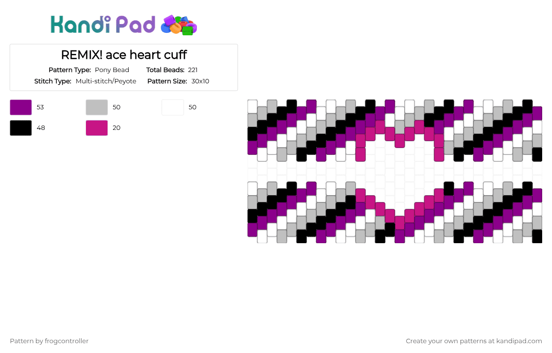 REMIX! ace heart cuff - Pony Bead Pattern by frogcontroller on Kandi Pad - pink,beige,ace,purple,black,white,heart,acesexual,colorful,pride