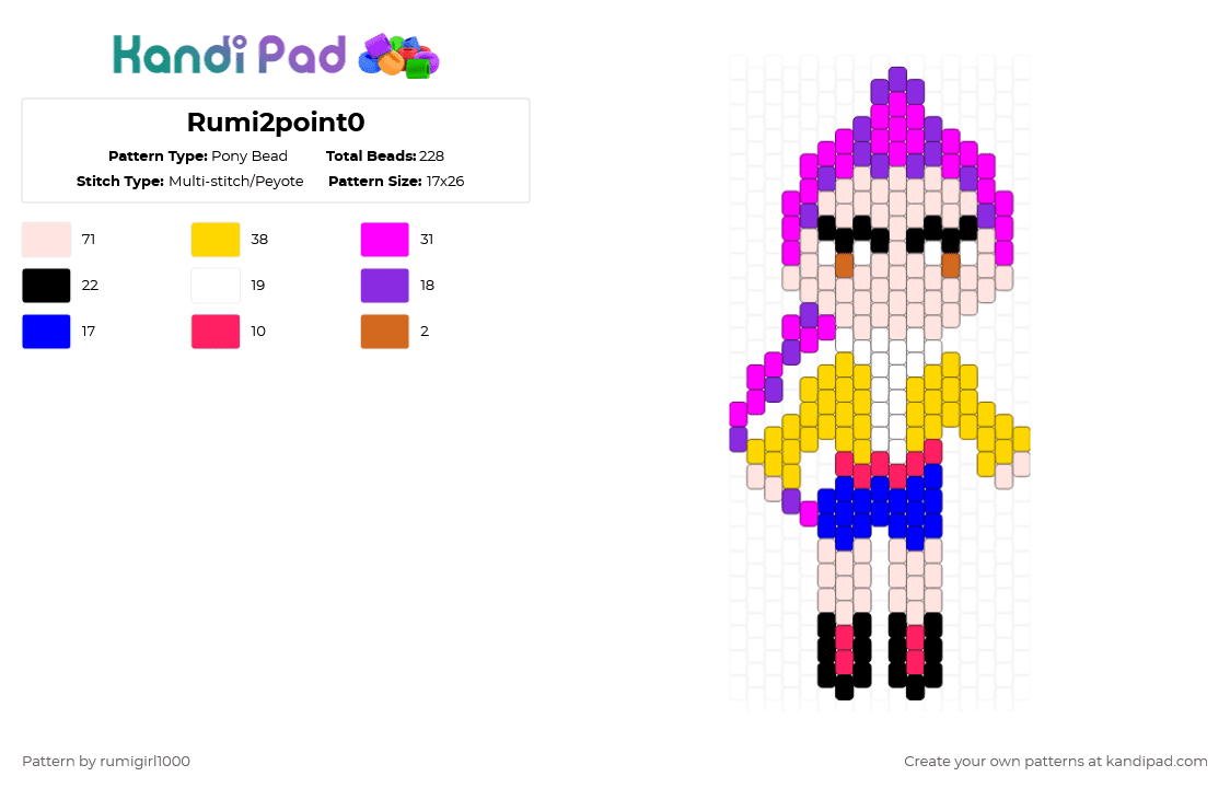 Rumi2point0 - Pony Bead Pattern by rumigirl1000 on Kandi Pad - white,purple,pink,yellow