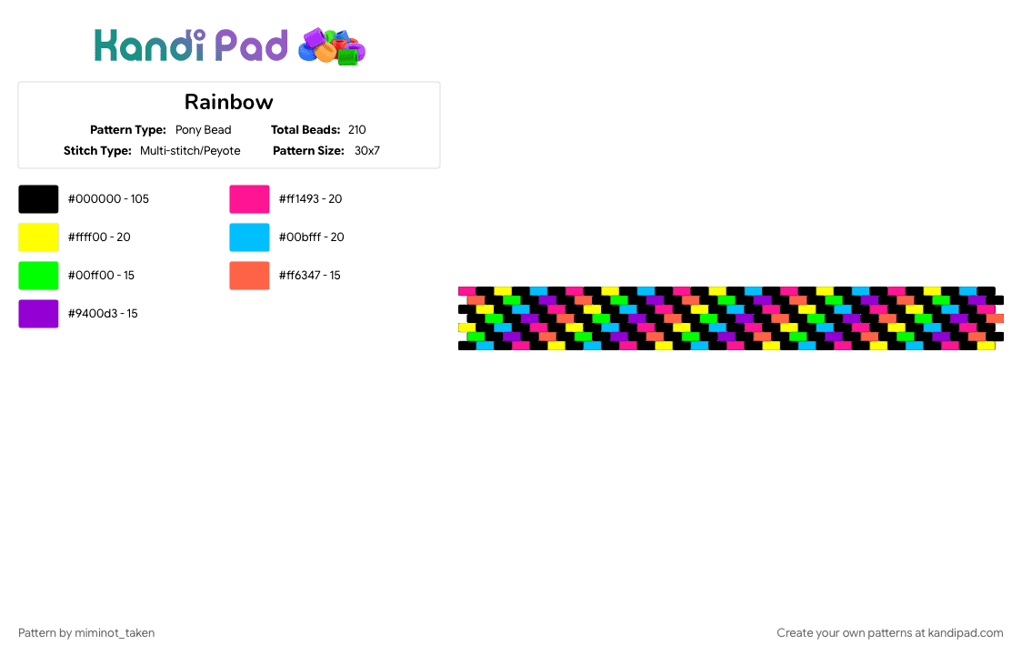 Rainbow - Pony Bead Pattern by miminot_taken on Kandi Pad - black, light blue, pink, yellow