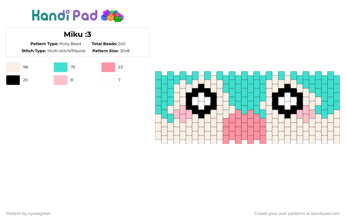 Miku :3 - Pony Bead Pattern by nyxdagreat on Kandi Pad - light blue,pink
