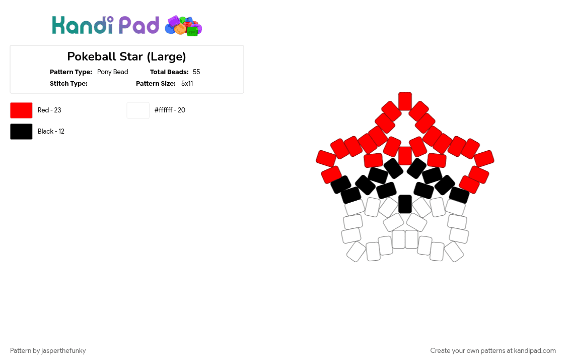 Pokeball Star (Large) - Pony Bead Pattern by jasperthefunky on Kandi Pad - 