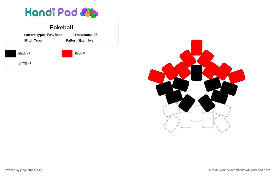 Pokeball - Pony Bead Pattern by jasperthefunky on Kandi Pad - anime, gaming, pokeball, pokemon, red, white