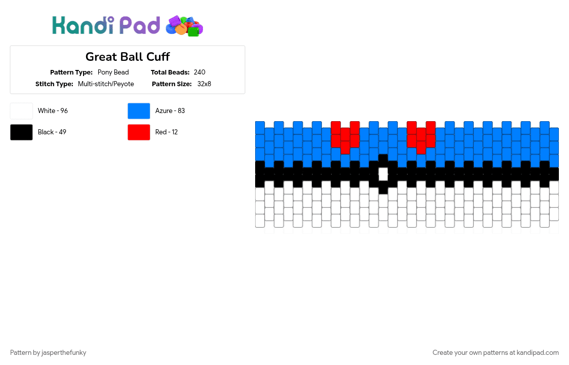Great Ball Cuff - Pony Bead Pattern by jasperthefunky on Kandi Pad - anime, blue, cuff pattern, cuffs, gaming, great ball, pokeball, pokemon