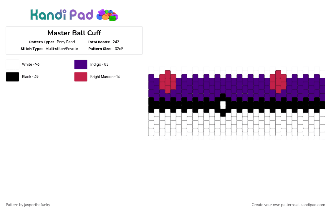 Master Ball Cuff - Pony Bead Pattern by jasperthefunky on Kandi Pad - anime, cuff pattern, cuffs, gaming, master ball, pokeball, pokemon, purple