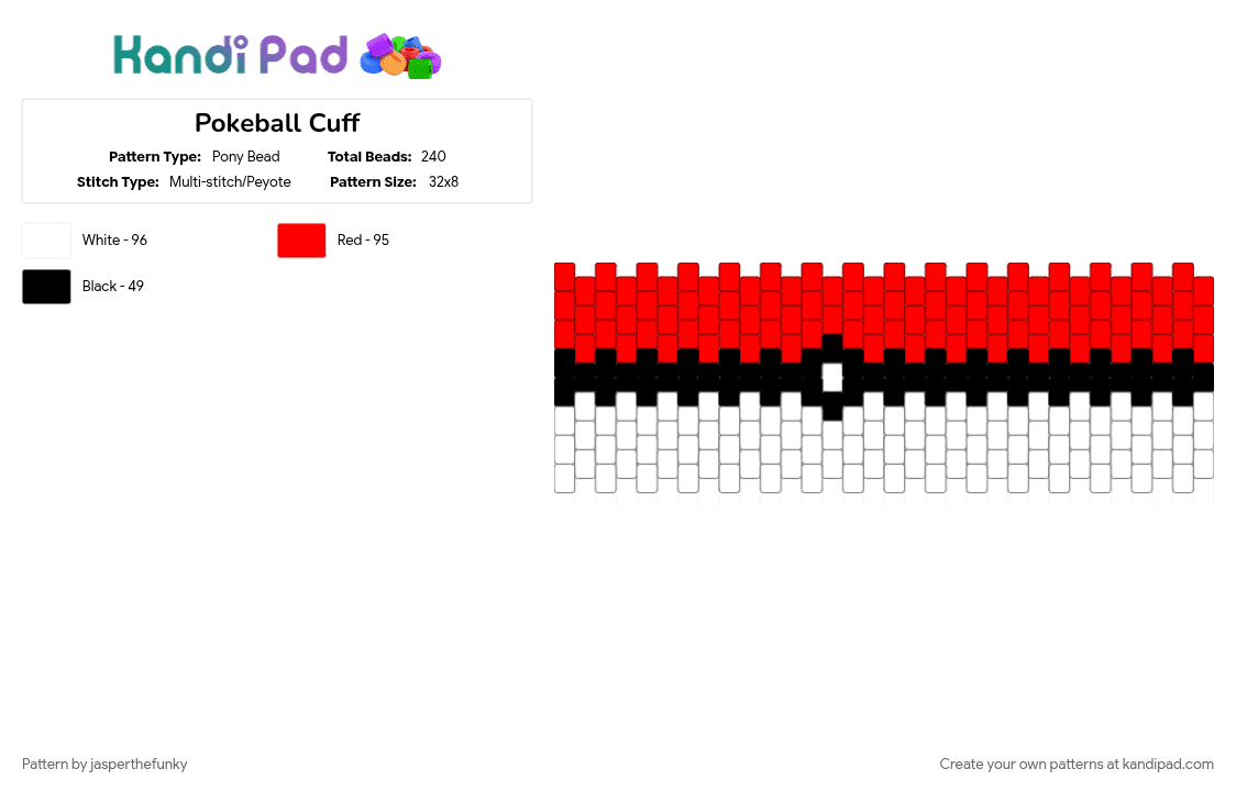 Pokeball Cuff - Pony Bead Pattern by jasperthefunky on Kandi Pad - anime, cuff pattern, cuffs, gaming, pokeball, pokemon, red, white