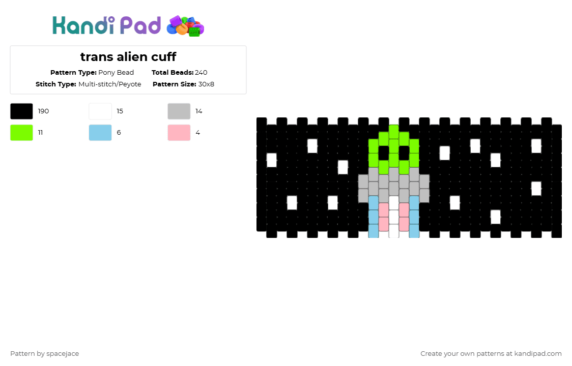 trans alien cuff - Pony Bead Pattern by spacejace on Kandi Pad - black,green,beige